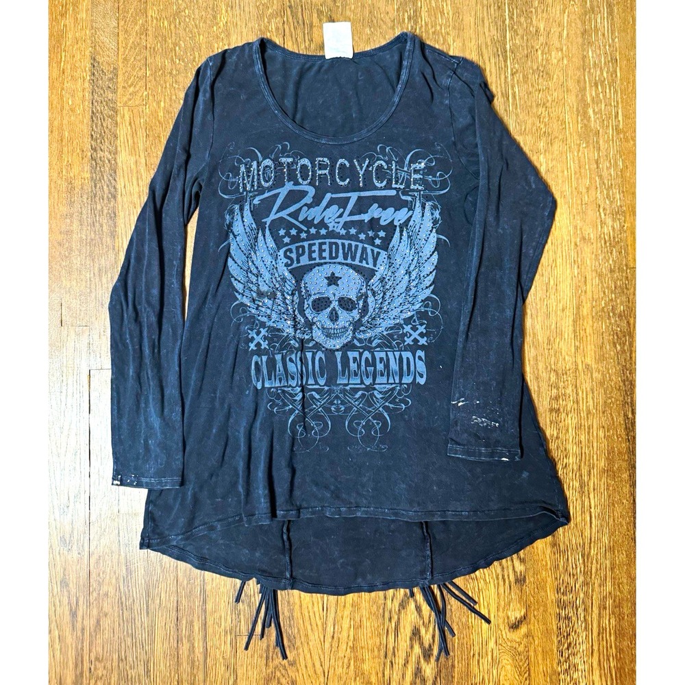 Vocal USA Biker Tunic Top Black Rhinestone Skull Wing Fringe Mineral Wash Small
